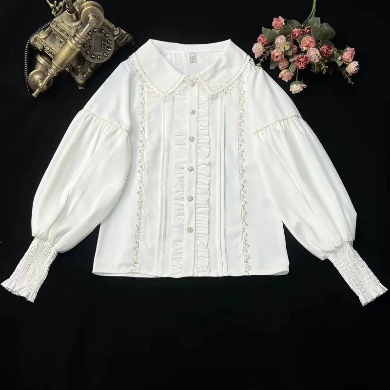 

Japanese Victorian Vintage Lolita Blouses Women Sweet Elegant Peter Pan Collar Gigot Sleeve Shirt Top Y2k Cospaly JK Slim Blusas