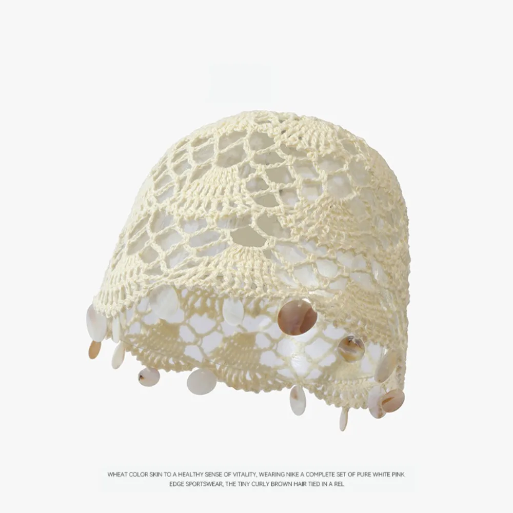 Retro Elegant Hollowed Out Knitted Hat Thin Ethnic Style Shell Tassels Hat Solid Color Korean Woven Pullover Cap Spring Summer