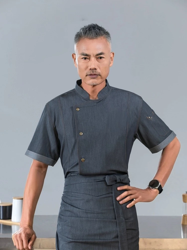 

Short Sleeve Cook's Clothes Chef Uniform Men Shirt Women Denim Jacket Kitchen Workwear Hotel Restaurant Chaquetilla Cocinero