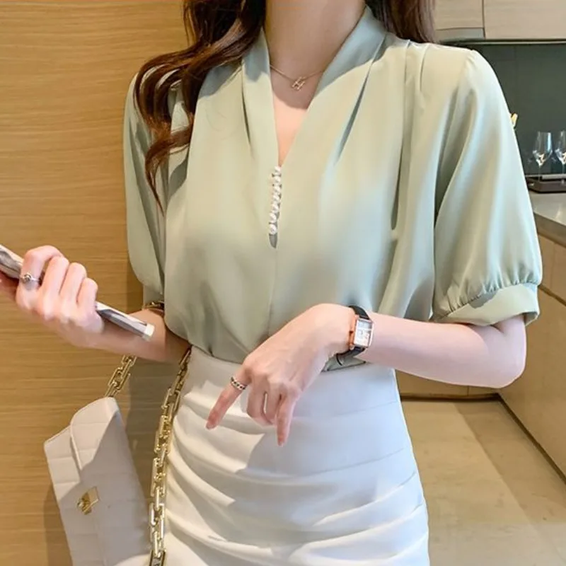 V-neck Blouses Women Minimalist Temper Korean Fashion Elegant Office Lady Pure Aesthetic Designer Gentle Summer Vintage Clothing