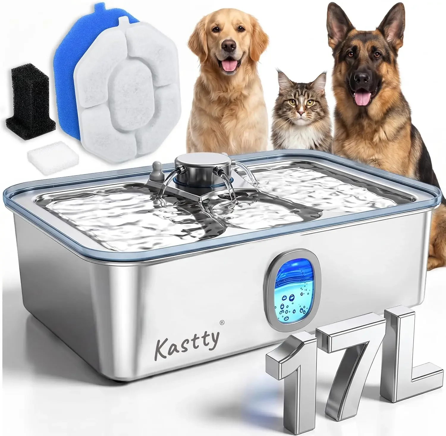 USA Stock 17L/4.5Gal Large Dog Water Fountain Stainless Steel for Multi-Pet | Quiet Pet Water Fountain, Automatic Dog Water Bowl