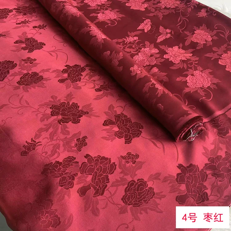 Heavy Satin Silk Fabric Butterfly Peony 22mm Jacquard Interwoven for Qipao, Hanfu, and Summer Mulberry Silk Garments