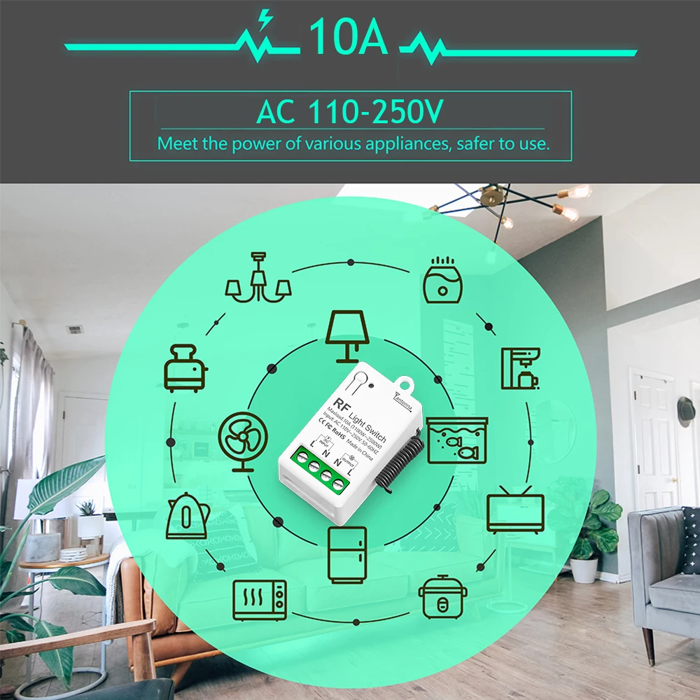 433 Mhz RF Mini Wireless Light Switch with Remote Control 1000M Distance Ac220V Relay Receiver Switch for Home Led Lamp Fan