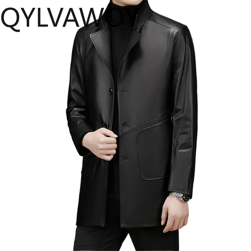 QYLVAWOY High-end Cowhide Real Leather Jacket Man Lapel Black Jackets for Man Mid-length Leather Coats Mens Winter Jackets 가죽점퍼
