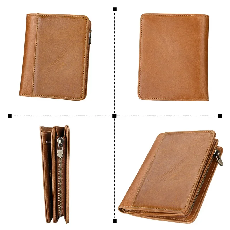 Simple Design Genuine Leather Men Short Wallet Luxury Solid Zipper Coin Purse RFID Bank Credit Card Holder Slim Small Money Bag