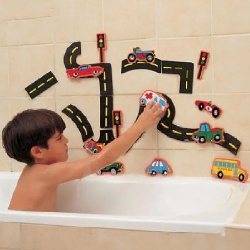 23 Pcs City Traffic Car Road Rail Bath Toy Set Sticky Wall Safety EVA Floating Water Toys Educational Baby For Children Kid Boys