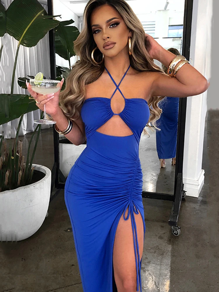 Kryptograficzne gorące lato Sexy Halter bez pleców bez rękawów wyciąć Maxi sukienka dla kobiet eleganckie klubowe sukienki z rozcięciem Vestido