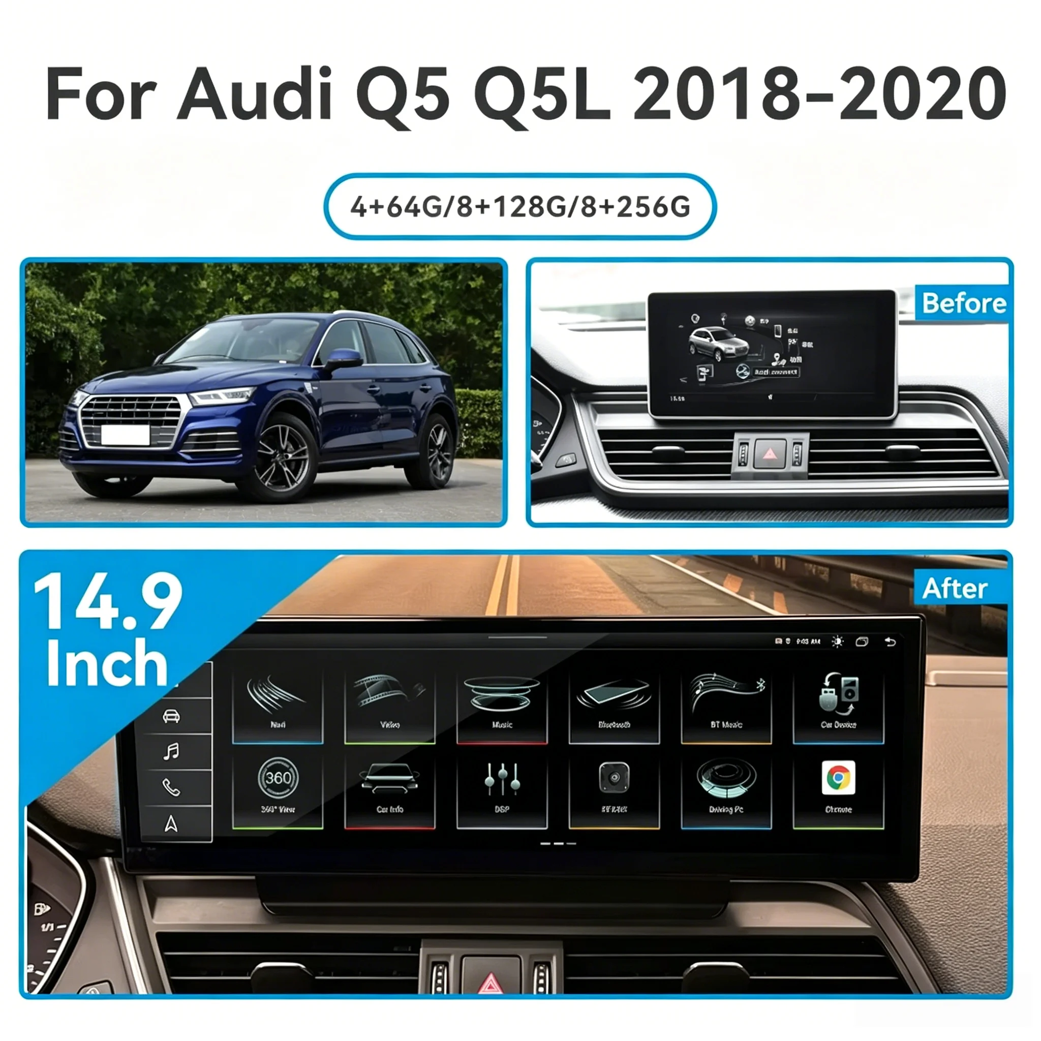 14.9inch Screen For Audi Q5 Q5L Sq5 2018-2020 Wireless CarPlay Android Autoradio Stereo Car GPS Multimedia Video Player HeadUnit