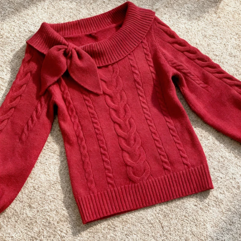 Christmas Knitted Sweater Women Bow Sweet Japanese Kawaii Pullover Autumn and Winter Y2k Slim Red Jumper Outfits Vintage Clothes