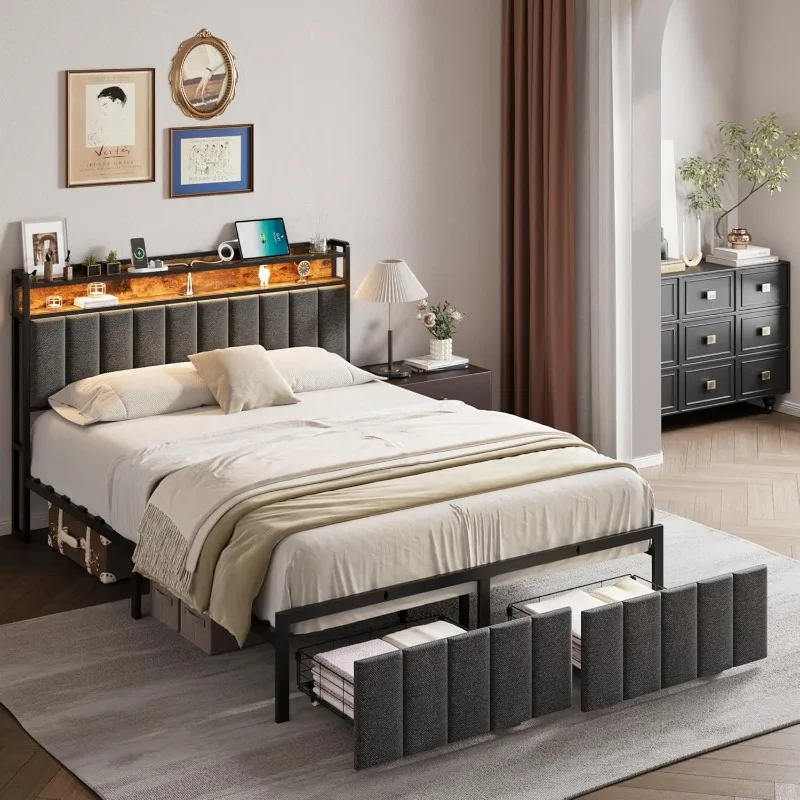 

Queen Bed Frame with 2 Storage Drawers and LED Lights Headboard, Upholstered Bed Frame Queen Size with Charging Station