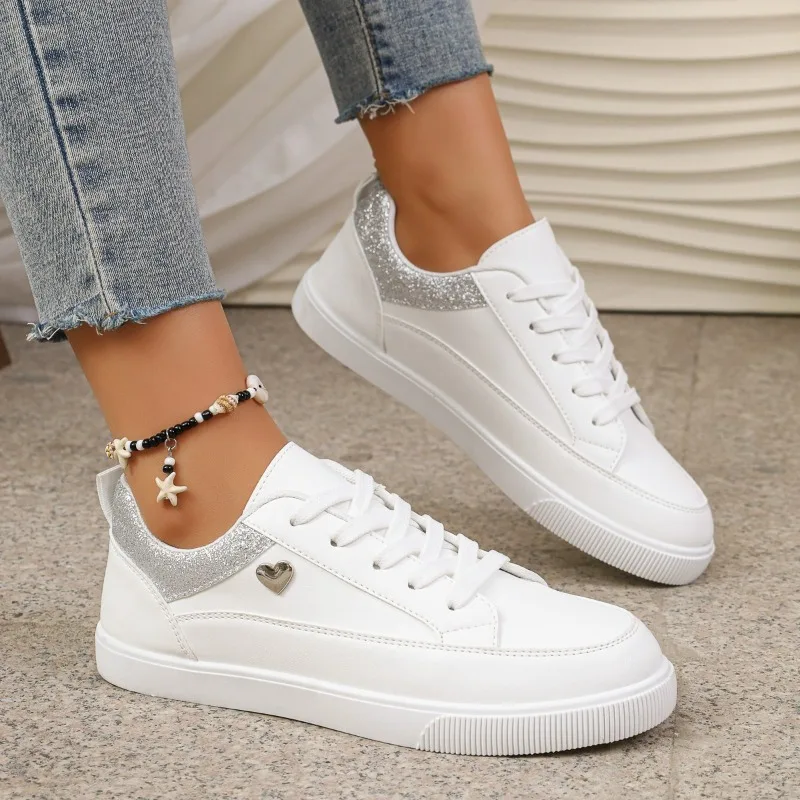 Women's White Glitter Heart Sneakers - Lace-Up Low Top Casual Walking Shoes with Silver Trim for Daily Wear