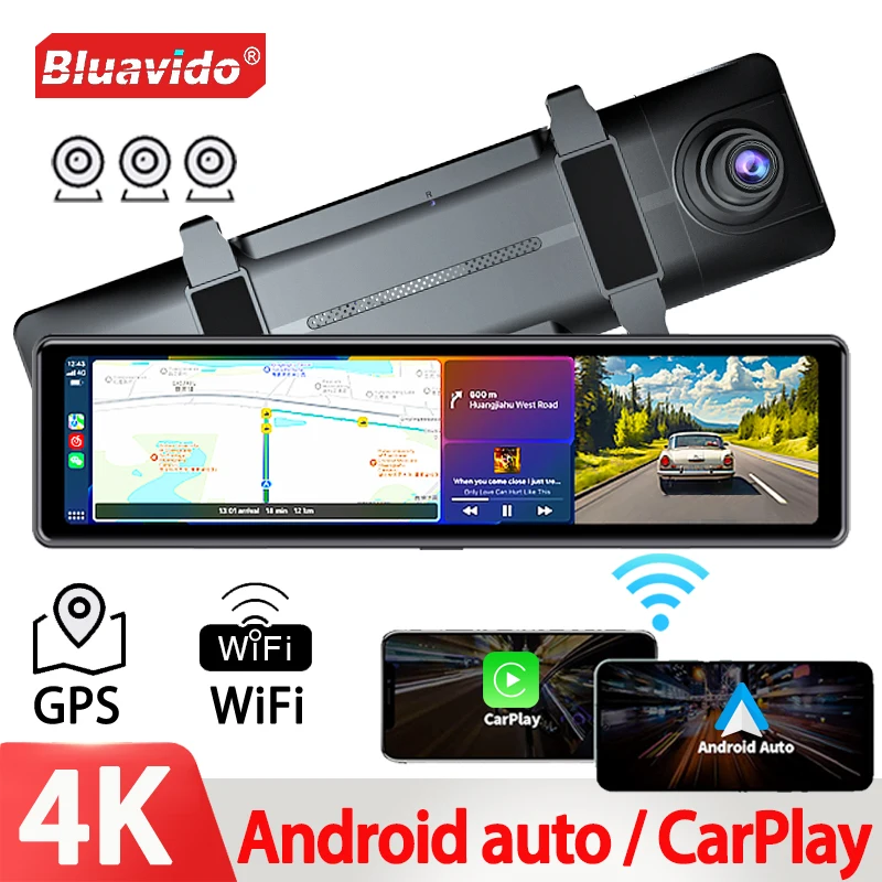 3 Cameras Dash Cam 1080P Car Mirror Video Recording Carplay & Android Auto Wireless Connection WiFi Miracast GPS Navigation DVRs