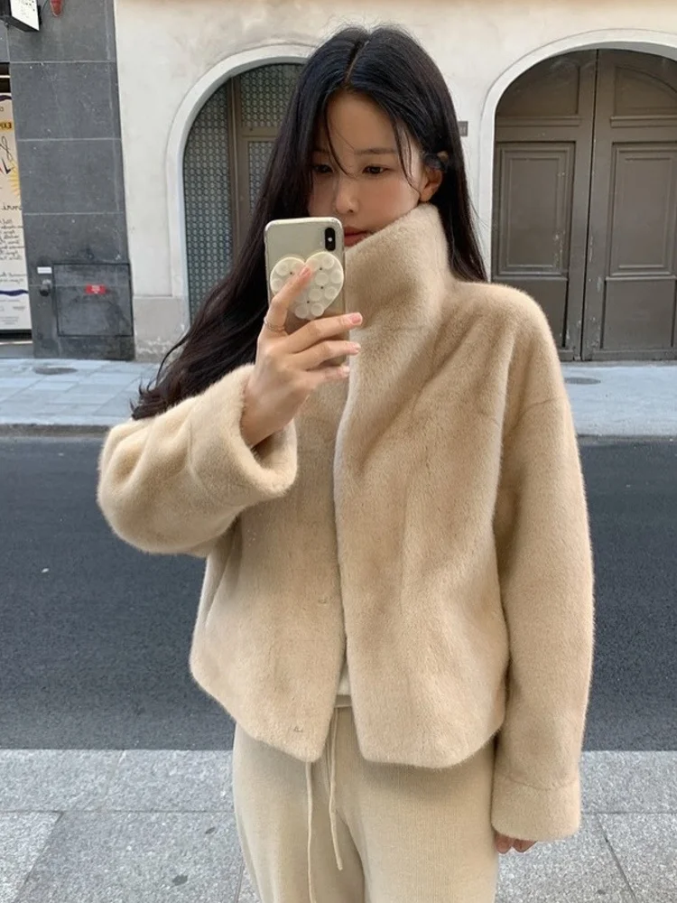 

Chic Stand Collar Loose Women's Faux Fur Coat Warm Sli Autumn Winter Top Rabbit Fur Long Sve ort Length Casual Sle