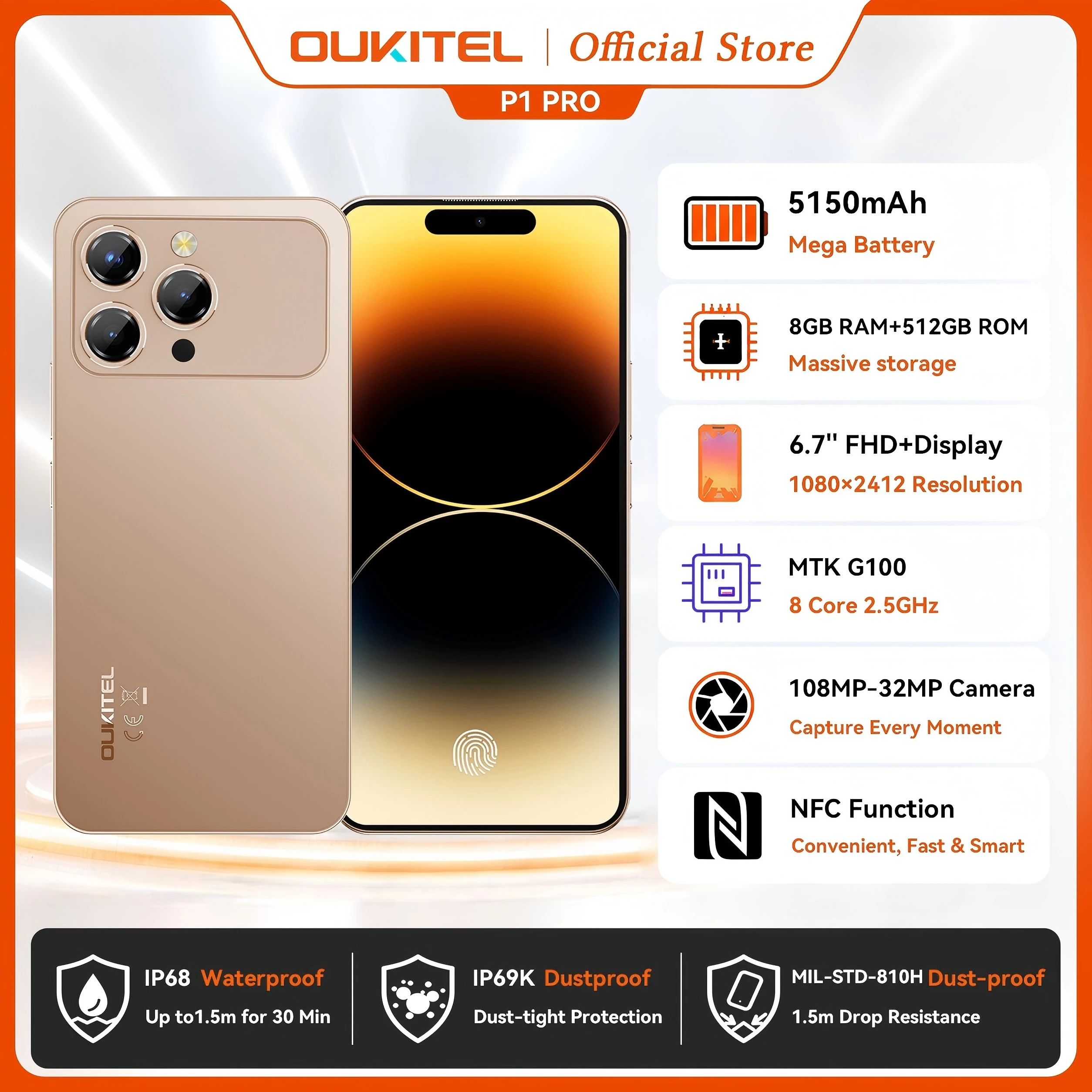 OUKITEL P1 PRO 6.7-inch FHD+ AMOLED 120Hz, 5150mAh Battery, 8.2mm Ultra-thin Smartphone 8GB+512GB, Android 15