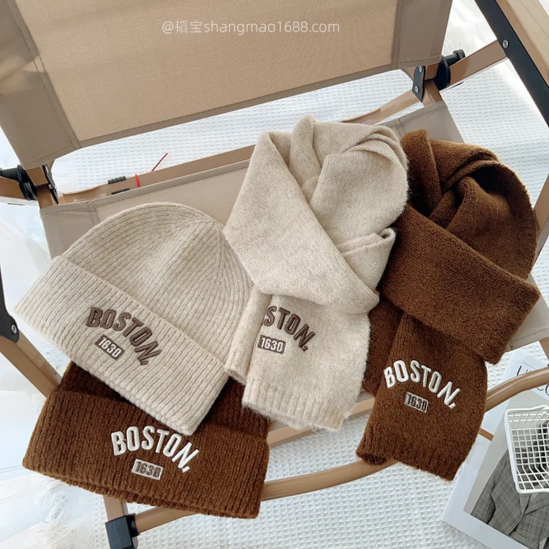 Korean Style Children Hat Scarf Set 2 Piece Solid Color Embroidered Letters Unisex Warm Baby Winter Autumn Versatile​​