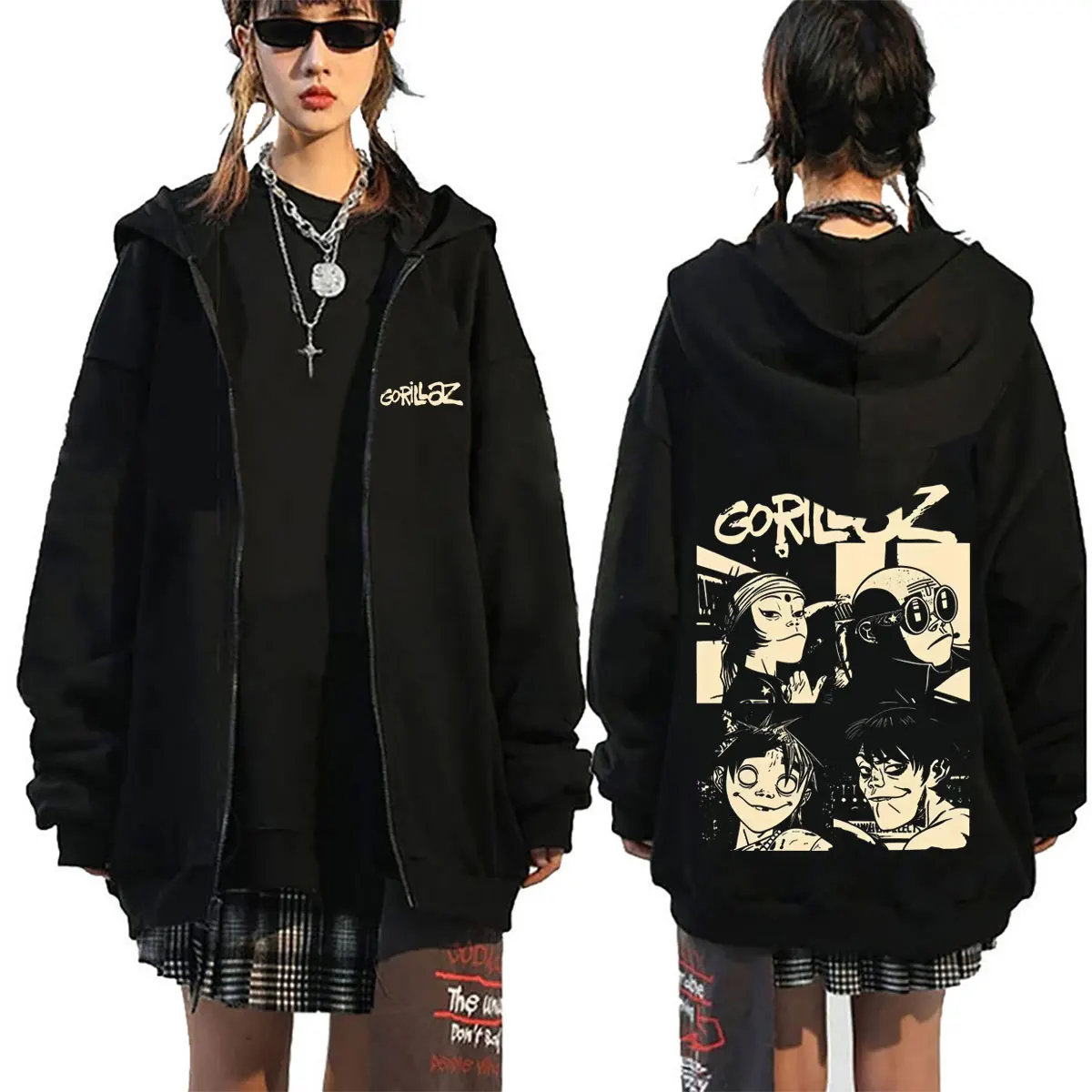 

Rock Band Gorillaz Tour 2026 Zipper Hoodie Men Women Hip Hop Punk Oversized Zip Up Jacket Male Fleece Cotton Zip Up Sweatshirt