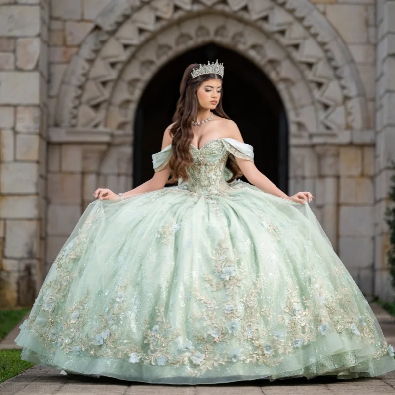 

Shiny Green Quinceanera Dresses Off the Shoulder Glitter Crystal Decal 3D Flower Long tail Vestido e 15 Quinceanera Customize