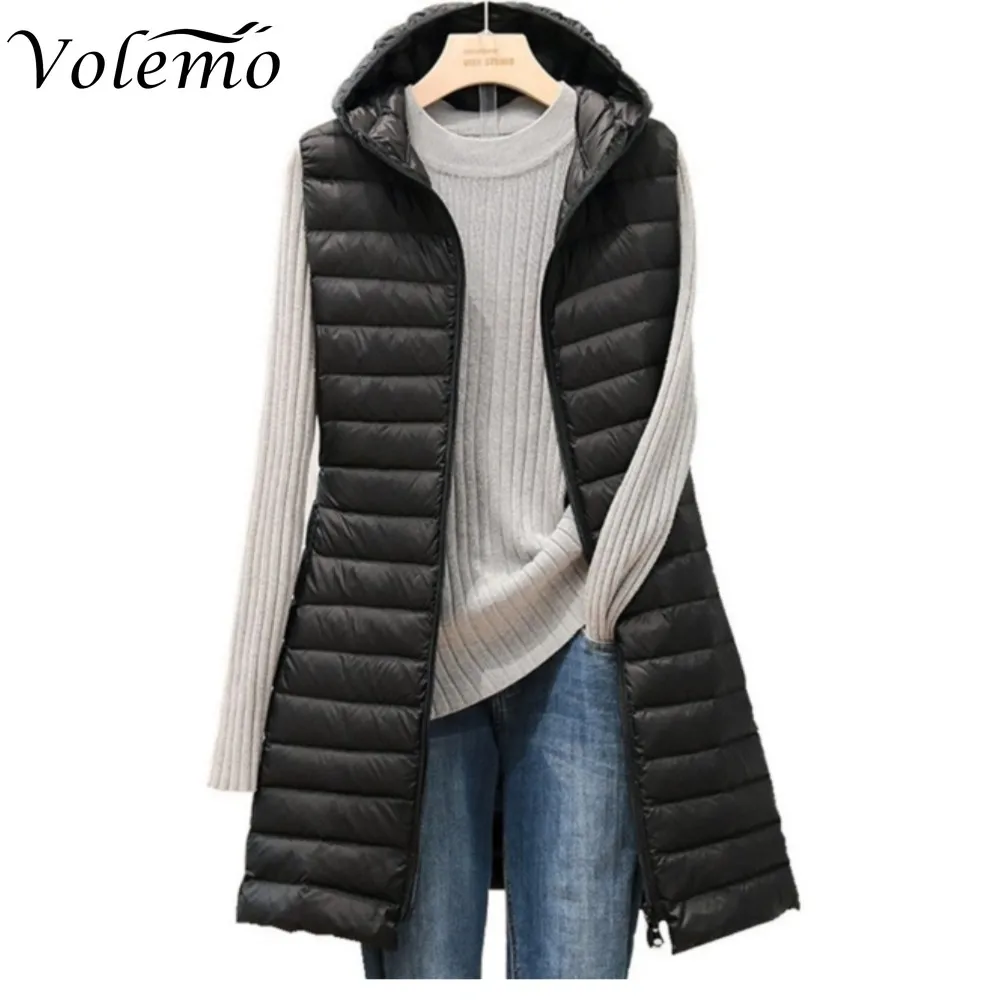 

Winter Long Down Coat Thicken Warm Hooded Cotton Padded Puffer Jacket Overcoat Women's Sleeveless Hooded Slim Parka Vest