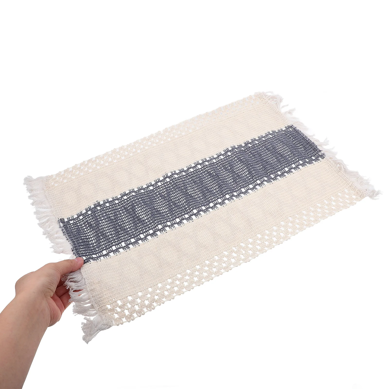 Imagen 4: Juego de manteles individuales con borlas de lino y algodón tejido, resistentes al calor, antiescaldaduras, rectangulares, para mesa de comedor, uso en restaurante y hogar, 8 Uds.