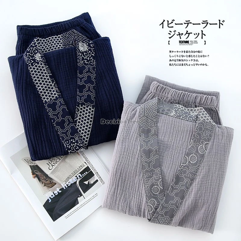 2025 japanese-style pajamas for men spring and autumn pure cotton kimono and home wear cross collar shirt long pants pajamas set