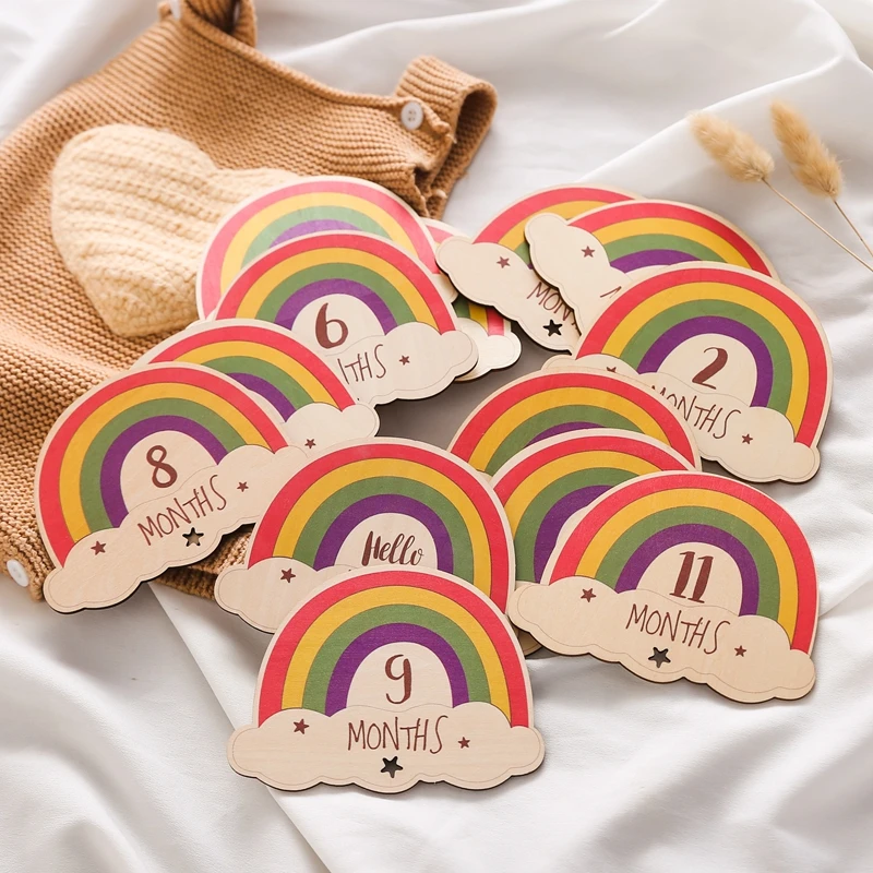 13pc Newborn Photography Accessories Wooden Rainbow 0 12 month Milestone Baby Accessories Newborn Photography Shooting Props