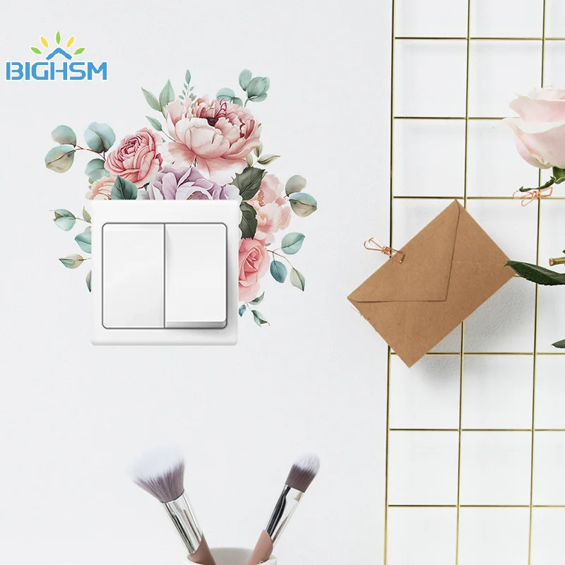 Pegatinas de interruptor de flores, hojas verdes, plantas, papel tapiz autoadhesivo, decoración del hogar