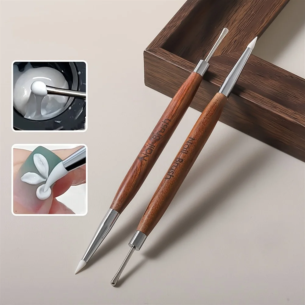 Multifunctional Double-Ended Sandalwood Handle Nail Art Gel Mixing Pen, Japanese-Style Silicone Carving Pen, Scraper, Embossing, and Painting Nail Art Tool