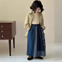 2026 RAISE Spring Children Girl Denim Pant Cotton Irregular Spliced Plaid Baby Girl Jeans Loose Casual Little Girl Wide Leg Pant