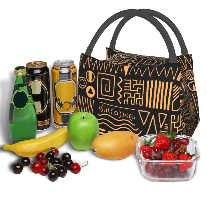 African Bogolan Mudcloth Pattern Lunch Bags Insulated Bento Box Portable Lunch Tote Resuable Picnic Bags for Woman Kids Office