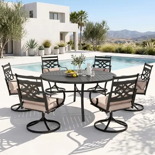 Patio Round Table w/Umbrella Hole, Metal Table for 6, Black | 54