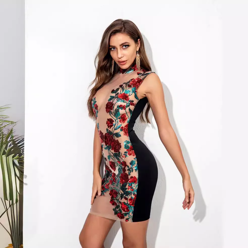 2024 Abito da club senza maniche in rete trasparente con paillettes Abito da sera formale aderente sexy Mini Party Night Out Glitter per le donne