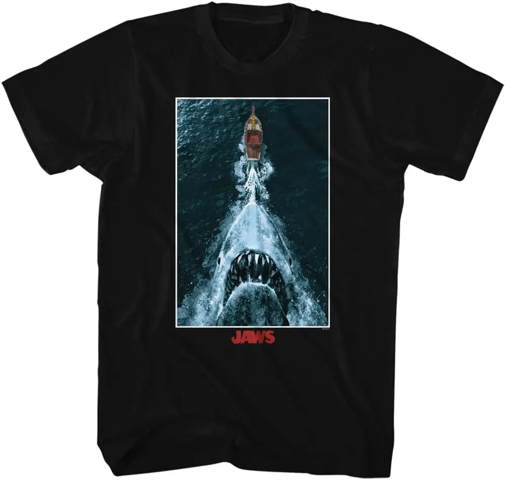 

Jaws Movie Jaws Shark Chasing Boat Mens Black Short Sleeve T Shirt Vintage Style Horror Graphic Tees