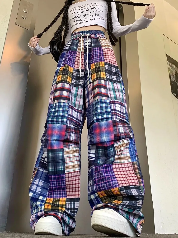 

Women's Retro Color Patchwork Plaid Loose Casual Pants Streetwear Oversize Parachute 2000s Female Vintage Trousers Clothes