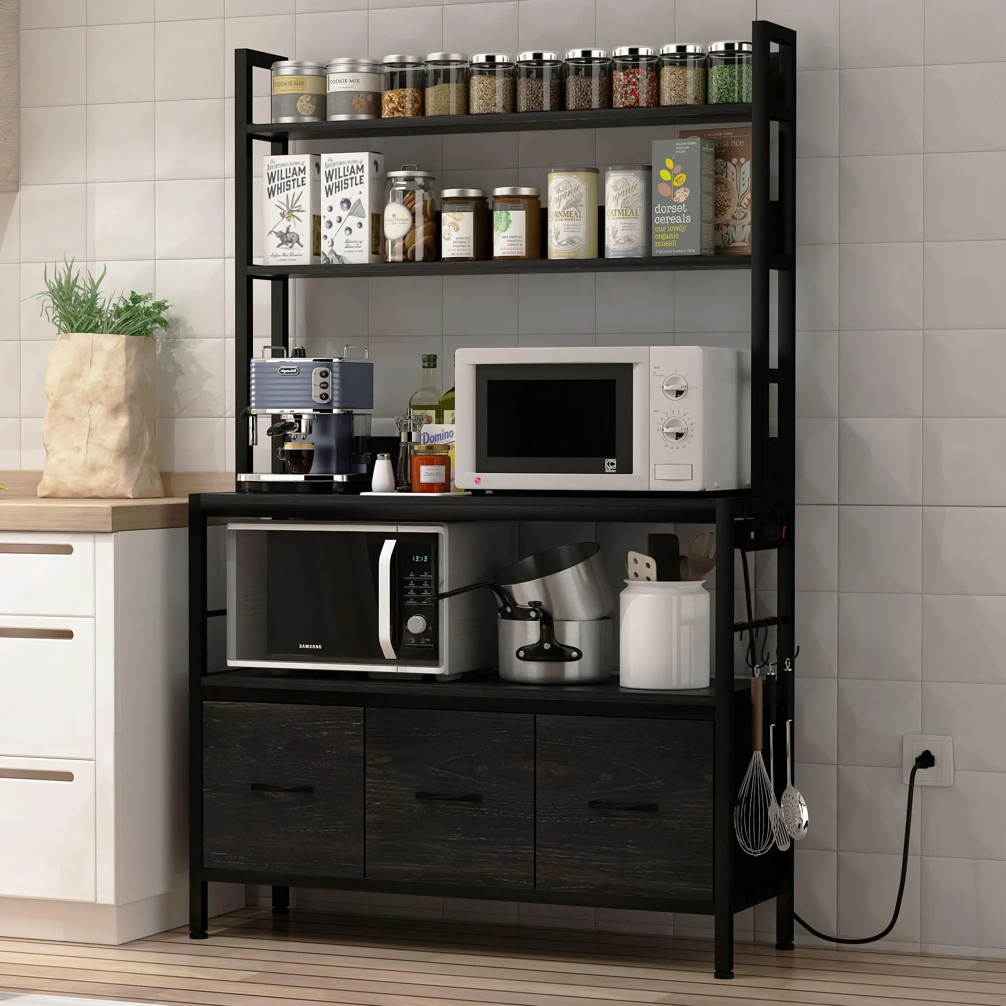 Kitchen Bakers Rack with Baskets,5-Tier Free Standing Storage Shelf Rack,Industrial Microwave Oven Stand,Metal Kitchen