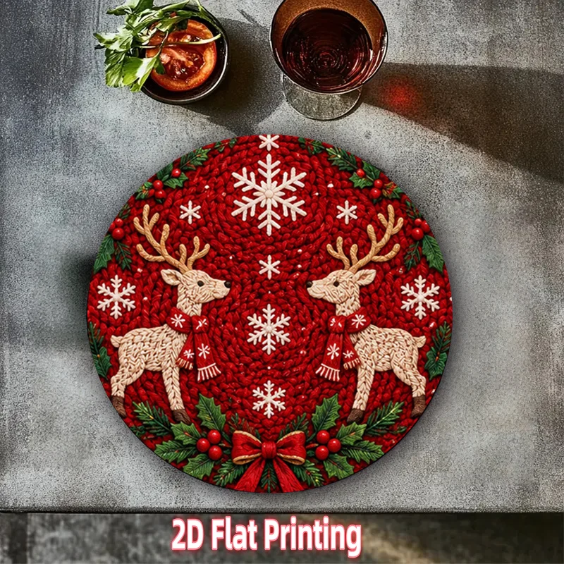 VIKAMA Christmas Round Placemats Set of 4 Red Knit Look Reindeer Snowflake Holly Dinner Mats Decor Heat Resistant Washable