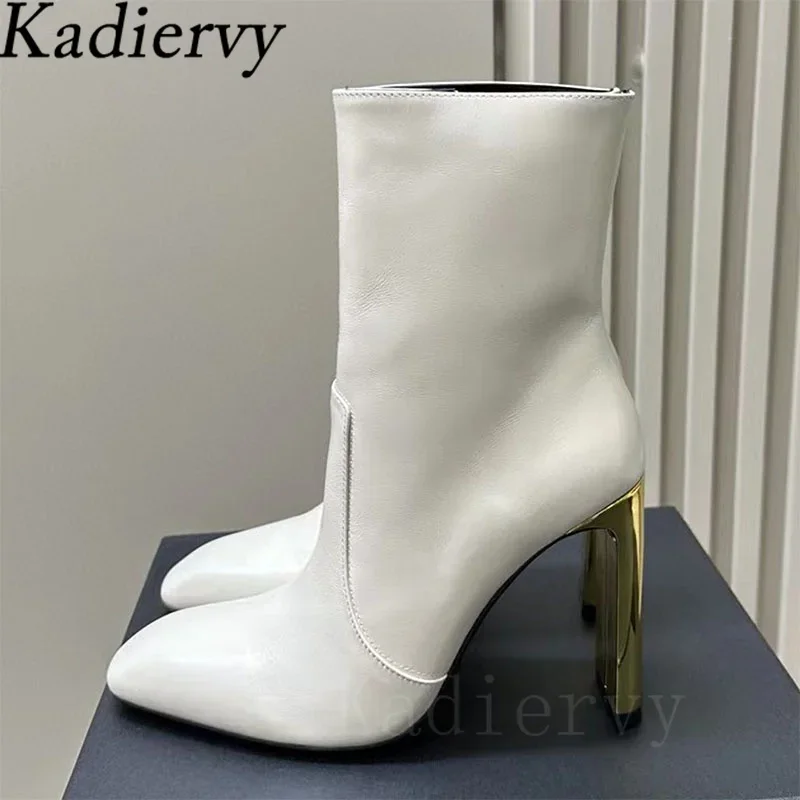 Sexy High Heels Ankle Boots Women Genuine Leather Runway Shoes Women Round Toe Gold Heels Short Boots Woman Botas Mujer