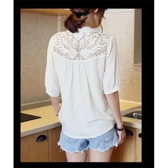 T-shirt à col creux en dentelle pour femmes, coupe ample, lanterne en Fiber de Polyester, Sve Five Quarter Sve Color