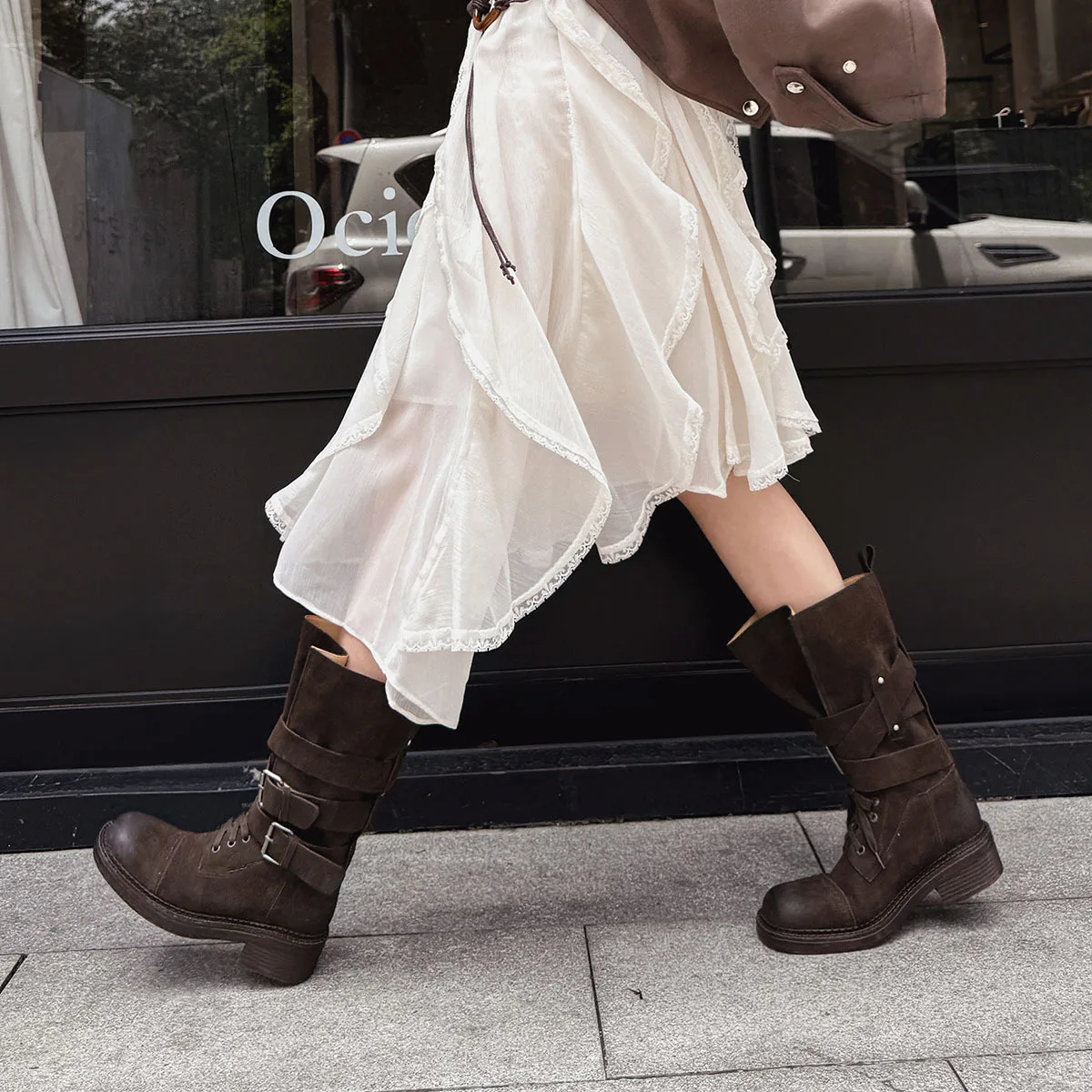 

Arden Furtado, осенние мотоциклетные ботинки из коровьей замши на платформе, с круглым носком, без шнуровки, на среднем каблуке, с пряжкой на ремне, большие трубчатые ботинки до середины икры