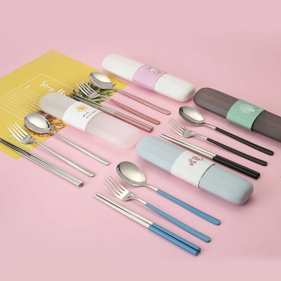

2Pcs/3Pcs/Set Stainless Steel Cutlery Set Portable Tableware Chopsticks Spoon Fork with Storage Case Travel Camping