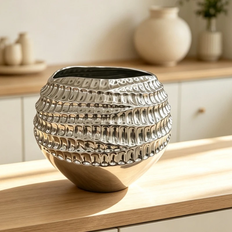Modern Spherical Silver Geometric Vase, Decorative Vase for Living Room Entryway Tabletop Home Decor, Geometric Art Decor & Gift