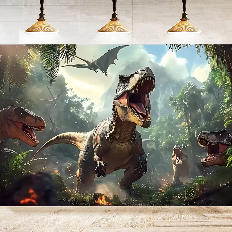 Toile de fond de photographie sur le thème de la jungle et des dinosaures, idéale pour les fêtes et les célébrations sur le thème des dinosaures préhistoriques