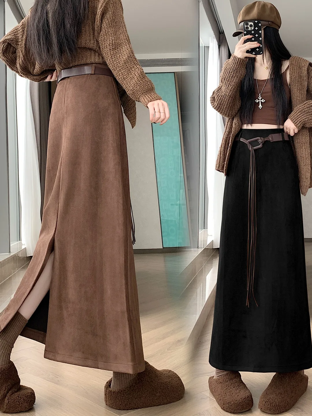 ハイウエスト スエード スカート スリット入り レディース ストレートカット ワンステップデザイン 秋冬 ファッション 通勤 スタイル