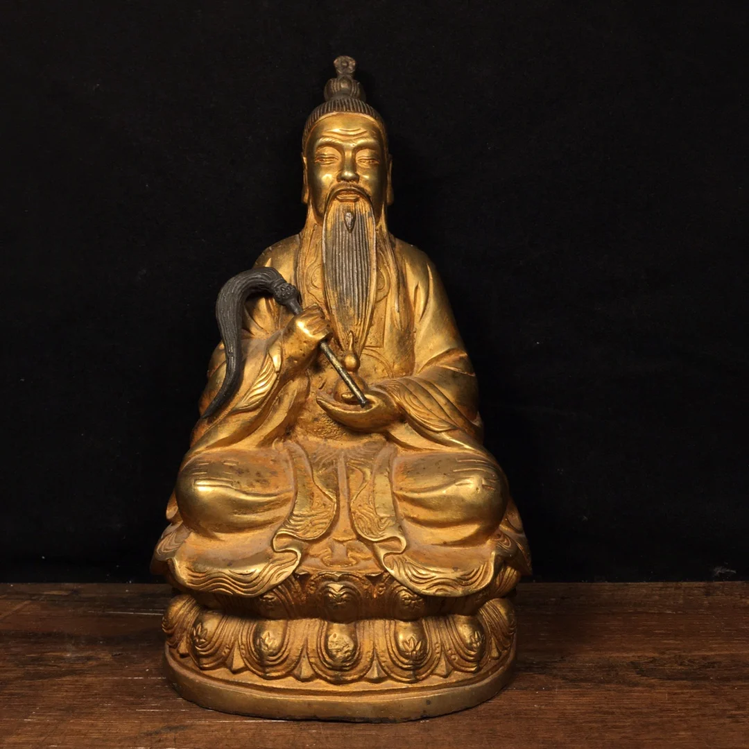 

9"Tibetan Temple Collection Old Bronze Gilt Lord Lao Zi Taoist ancestor Moral Dzi worship hall Town House Exorcism