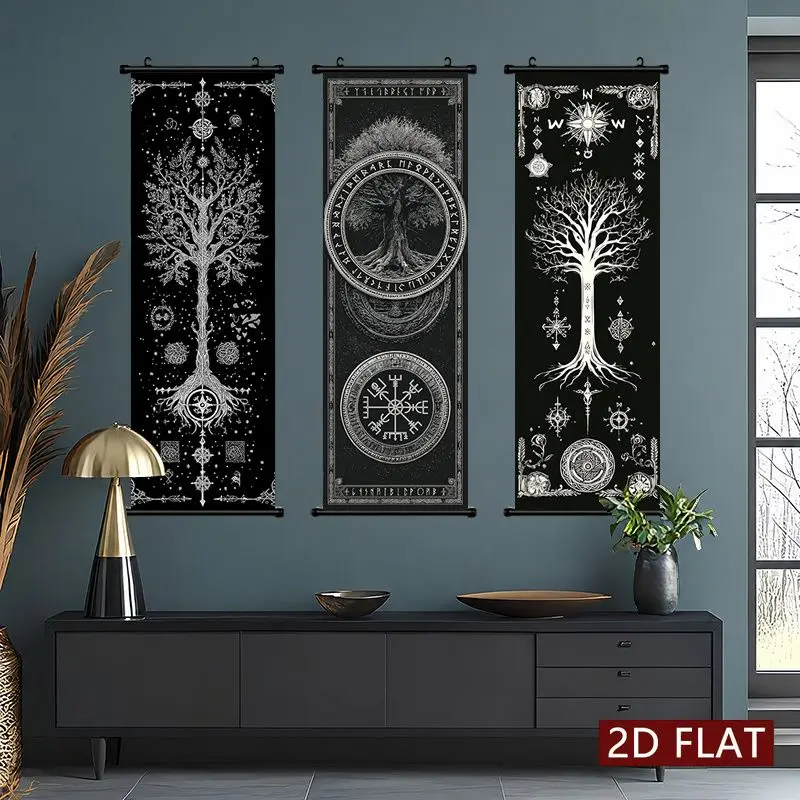 VIKAMA Tree of Life Scroll Tapestry, Vertical Wall Hanging with Mystical Astrological Symbols, Spiritual Bedroom Decor