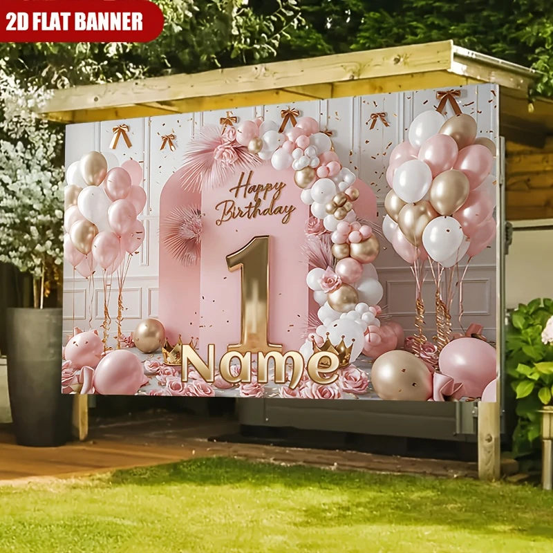 1pc Pink Gold Birthday Backdrop Banner for Girl Princess First Birthday Party Decor Custom Name Photo Background Wall Decoration