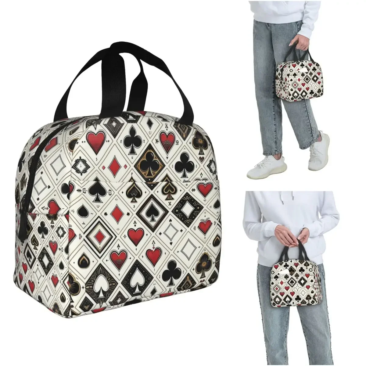 Casino Playing Card Symbols Diamond Heart Spade Clubs Insulated Lunch Bag for Women Kids Food Boxes Thermal Lunch Box Tote