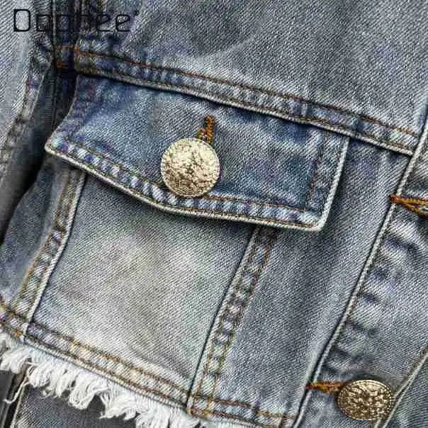 American Street Old Washed Denim Jacket Punk Style Retro Irregular Pocket Rough Edge Short Coat Sweet Cool Girl Jean Jacket