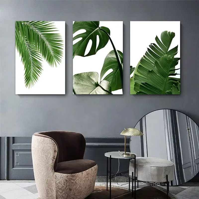 No Framed 3 Piece Green Tropical Leaf Canvas Painting Green Leaves Wall Art Monstera Leaf Palm Banana Print Posters Minimalist