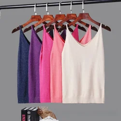 Feminine V-neck slim fitting bright silk knitted suspender vest with sleeveless T-shirt underneath top