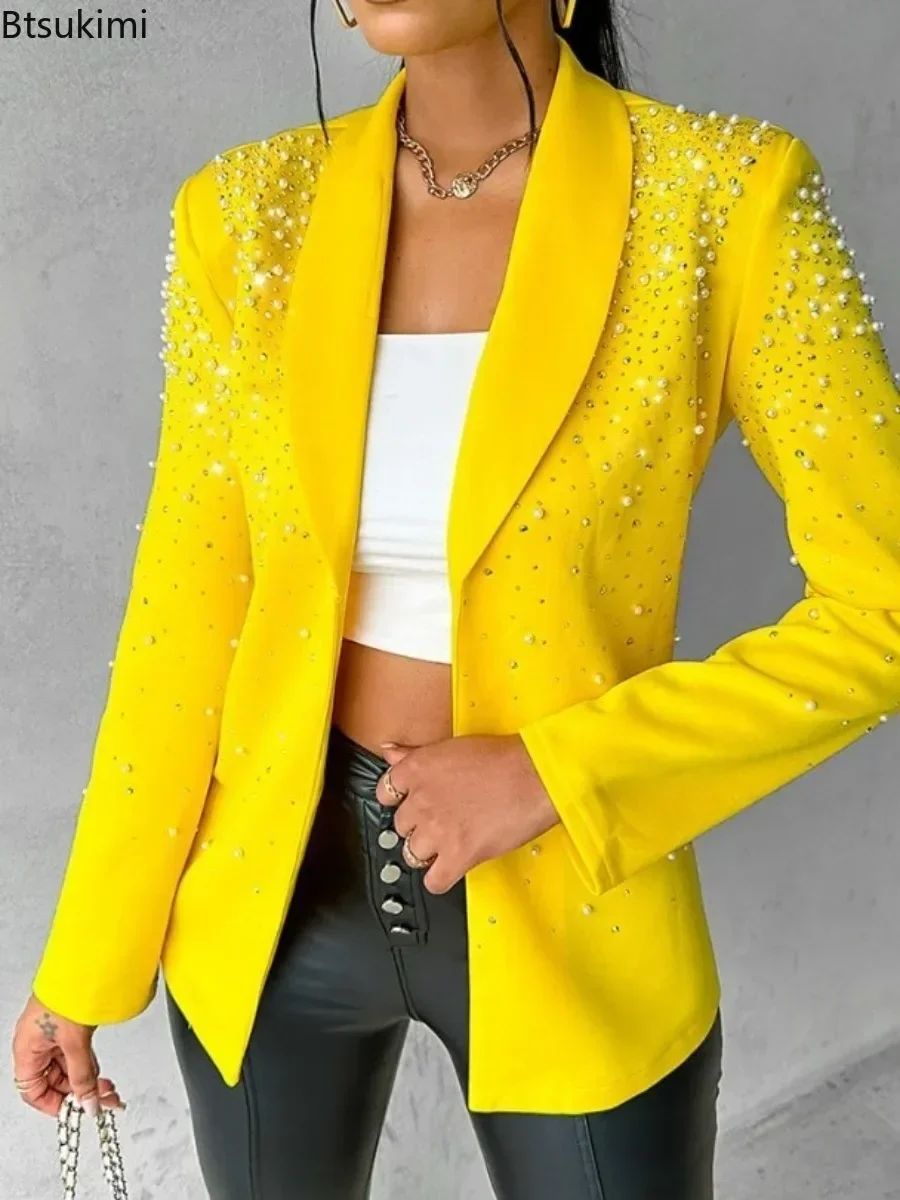 2024Women\'s Blazer Autumn Fashion Beaded Elegant Temperament Shawl Collar Plain Long Sleeve Work Blazer Coat Office Lady Blazers